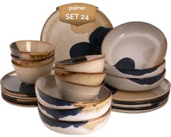 Palmer - Aquarel - Serviesset - 6 persoons - 24 delig - Beige/Blauw - Stoneware - Bordenset