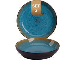 Palmer - Lotus - Bord diep - Pastabord - 2 stuks - ø 21 cm - Turquoise/Zwart - Stoneware - Bordenset