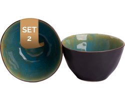 Palmer - Lotus - Schaal - Kom - 2 stuks - 1 L - ø 15 cm - Turquoise/Zwart - Stoneware - Bordenset