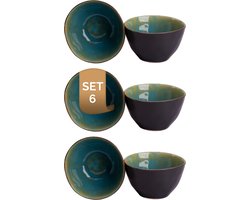 Palmer - Lotus - Schaal - Kom - 6 stuks - 1 L - ø 15 cm - Turquoise/Zwart - Stoneware - Bordenset