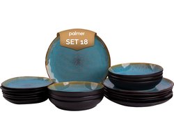 Palmer - Lotus - Serviesset - 6 persoons - 18 delig - Turquoise/Zwart - Stoneware - Bordenset