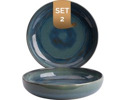 Palmer - Miami - Bord diep - Pastabord - 2 stuks - ø 22 cm - Groen/Turquoise - Stoneware - Bordenset