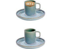 Palmer - Miami - Espresso kop en schotel - 2 stuks - 8 cl - Groen/Turquoise - Stoneware - Koffiekopjes