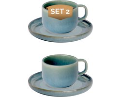 Palmer - Miami - Koffie kop en schotel - 2 stuks - 21 cl - Groen/Turquoise - Stoneware - Koffiekopjes