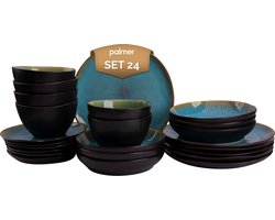 Palmer - Serviesset - Lotus - Turquoise/Zwart - Stoneware - Bordenset - 6 persoons - 24-delig