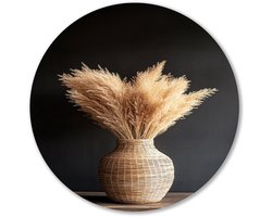 Pampasgras in rotan vaas - Pampas wandcirkels - Ronde wanddecoratie gras - Stilleven - Muurcirkel Forex - Scandinavische muurdecoratie - muurcirkel forex 40x40 cm