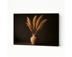 Pampasgras in vaas - Stilleven - Wanddecoratie huis - Kantoor accessoires - Slaapkamer decoratie - Canvas schilderij 90x60 cm