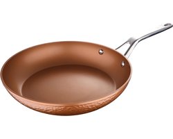 Pan van 28 cm - Gemaakt van gesmeed aluminium Hittebestendige verf aan de buitenkant in koper - Inductiepunt - Roestvrijstalen handgreep