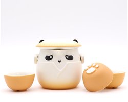 Panda theepotset & drie kopjes - Oranje - cadeau geschenkset vrouwen geschenkset mannen