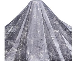 PandaHall Zwarte Spinnenweb Patroon Tule Stof, Zilveren Folie Stof 1.5 M Breed Mesh Kant Stoffen Halloween Decoratie Stoffen Voor Kledingstuk Accessoires Halloween Decor, 2 m