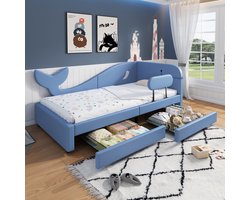 Paneelbed voor kinderen - Gestoffeerd bed - Slaapbank - Walvisdesign - 2 lades op wielen - blauw - 90x200 cm - zonder matras