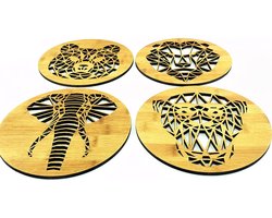Pannen onderzetters Geometrische Dieren - Bamboe hout - 4 stuk(s) - Ø 20 cm Rond - Cadeau - Woon decoratie - Woonkamer - WoodWideCities