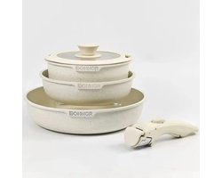 Pannen - Pannensets - Koekenpannen - Aanbakvrij - Keramiek - 5 Stuks - met Afneembare Handvat - Gas, Elektrish, Inductie - Beige