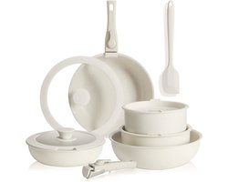 Pannen set 12-delig, potten en pannen set met afneembare handvatten, pan 17.8/20 cm, diepe koekenpan 25 cm, koekenpan 20/25 cm, stapelbaar kookset, geschikt voor alle soorten kookplaten, ovenbestendig, antiaanbaklaag.-Beige