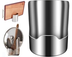 Pannendeksel houder - 10 x 10 x 12 cm - Staand Keukenrek - 2-in-1 Multifunctionele Keukengereihouder - rvs - Opbergen deksel rek - Kras en roest vrij - Ruimtebesparende - Houder voor Spatels, Lepels, Gardes en Pannendeksels - zilver