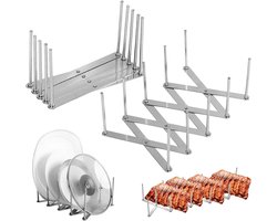 Pannendeksel Houder - RVS Dekselhouder - 4 Laags - Uitschuifbare - Pannendeksel Organizer - Snijplank Houder - Keukenkast Organizer - Kras en Roest Vrij - Opbergrek - Bordenrek - Pan Accessoires - Voor Snijplanken of Deksels