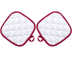 Pannenlap - 2x - wit/rood - 17 x 17 cm - Koken - Pannenlappen - ophanglus