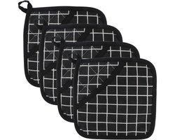 Pannenlappen - Katoenen pannenlappen - Stoffen wanten - Hittebestendige onderleggers - Vierkante pannenlappen - met zakken - Set van 4 voor koken en bakken in de keuken - Zwart en wit