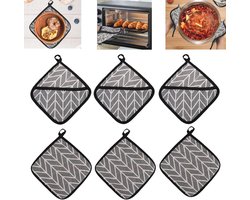 Pannenlappen met Zak, 18 x 18 cm Grijze Pannenlappen van Katoen, Wasbaar, Hittebestendig Tot 260 °C, voor Bakken, Koken, Placemats, voor Ovens, Keuken Bakken