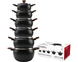 Pannenset – 10-delig Casserole Set – Aluminium Belly Shape – Ø20/22/24/26/28 cm – Marmeren Antiaanbaklaag – Geschikt voor Inductie & Alle Kookplaten – Met Glazen Deksel – Royal Swiss®