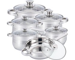 Pannenset – 12-Delig – Voor Inductie en Gas – Vaatwasser Bestendig – RVS met Glazen Deksels