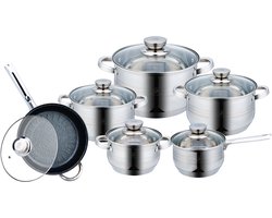 pannenset - 12-delige - Kookpannenset - RVS - Inclusief Kookpannen,Sauspannetj en Koekenpan met Glazen Deksels - Royal Swiss®