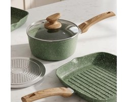 Pannenset 17-Delig Inductie – Kookgerei Set met Granieten Antiaanbaklaag, Glazen Deksels & Houten Handgrepen, Aluminium Pannen Set Groen/Zand – Urbanhome