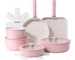 Pannenset - 17-delig - Keramische Pannenset Inductie - Afneembare Handgreep - Keramische Anti-aanbaklaag - Stapelbaar - Ovenbestendig - PFAS-vrij - PFOA-vrij - Kookpannen & Koekenpannen - Ruimtebesparend - Gas & Elektrisch - Roze - 17 stuks