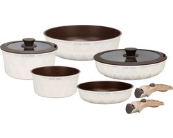 Pannenset 9-Delige Inductie – Afneembare Handgrepen – PFAS & PFOA Vrij – Ovenbestendig & Stapelbaar – Beige – Royal Swiss®