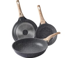 Pannenset Antiaanbaklaag 20/24/28 cm | Beste Zwitserse titanium antiaanbaklaag | 100% PFOA-vrij kookgerei | Stenen koekenpan