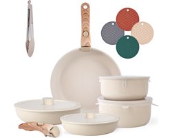 Pannenset Beige 11-Delig - Inductie Pannenset - Stapelbaar - Afneembare Handgrepen - Anti-Aanbaklaag