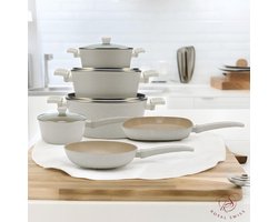 Pannenset - Forged Pannenset - 10 delig - Met glazen deksels- Alle warmtebronnen - Antiaanbaklaag - PFAS-vrij - Marmeren coating - Inductie - Beige