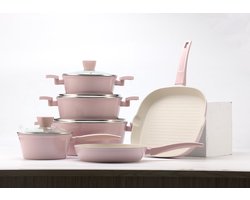 Pannenset - Forged Pannenset - 10 delig - Met glazen deksels- Alle warmtebronnen - Antiaanbaklaag - PFAS-vrij - Marmeren coating - Inductie - Roze