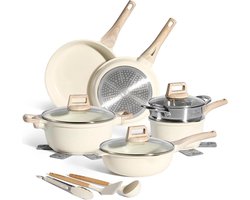 Pannenset Just Perfecto Inductie - Met Deksel - Alle Warmtebronnen - Non-Stick - Glazen Deksel - Anti-Aanbak - Kookpannenset - Zonder PFOA - PFAS - Biege - 14pcs - Small Steamer Pannenset