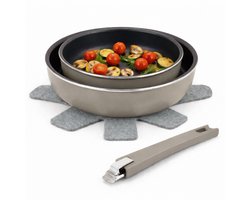 Pannenset met Afneembare Handgreep - 3 Delig Ø20 & 24 cm - Koekenpannenset met Non Stick Laag - Inductie, Gas, Keramisch & Elektrisch - Aluminium Kookpannenset - PFAS Vrije Hapjespan - Ruimtebesparende Bakpannenset - Frying Pan - Löwenthal - Taupe