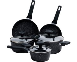 Pannenset met Antiaanbaklaag, Aluminium met Titaniumcoating, 3 Pannen met 3 Deksels Aan Gehard Glas en 2 Koekenpannen Voor Alle Fornuizen, Inclusief Inductie 8-Delige