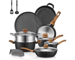 Pannenset met deksels - anti aanbak inductie kookgerei - potten en pannen - incl siliconen voedselzeef - 15 delig