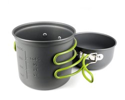 pannenset voor outdoor koken 2-delig, eloxeerd aluminium met antiaanbaklaag, 2 kookpannen 1 l en 0,5 l, roestvrij, inklapbare handgrepen met kunststof gripdelen, net voor vervoer
