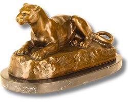 Panter Beeld - Bronzen Beeld - Brons Sculptuur - Brons op Marmer Beeldje - Kunst Beelden - Interieur Decoratie - 25x13x13