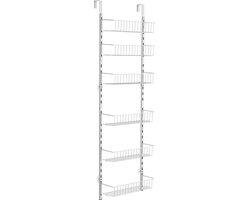 Pantry organiser met 6 hangende planken van staal, verstelbare wandplanken voor keuken, badkamer en huishouden, wit