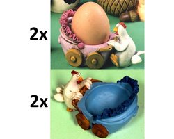 Paolo - Chiari - Eierdopjes - setje van 4 kippen - 2 rose - 2 blauw - met kinderwagen - Pasen - Geboorte - kraamcadeau