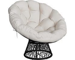 Papasan Stoel met Dik Kussen - 360° Draaibare Loungestoel voor Binnen & Buiten - Ergonomisch Wicker - Incl. Extra Dik Kussen - Zwart/Beige