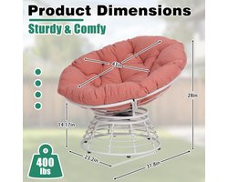 Papasan Stoel – Meuble Paris 360° Draaibare Lounge Stoel met Dik Kussen – Ergonomische Ronde Rieten Kuipstoel – Moderne Relaxstoel voor Woonkamer, Slaapkamer & Leeshoek – Wit Frame met Oranje Kussen