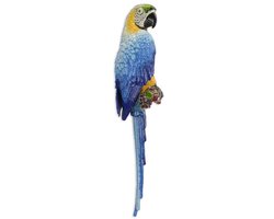 Papegaai beeld van gietijzer – kleurrijke blauw-gele ara wanddecoratie – robuuste sculptuur muurdecoratie voor binnen of buiten – 64,9 cm hoog