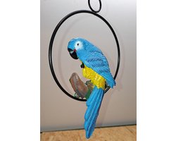 Papegaai op ring hanger beeld - 15cm ring diameter - blauw/geel - Kado - Cadeau - Decoratie - Woonaccessoires - Beeld