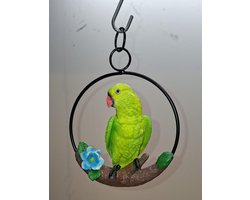 Papegaai op ring hanger beeld - 15cm ring diameter - groen/geel - Kado - Cadeau - Decoratie - Woonaccessoires - Beeld