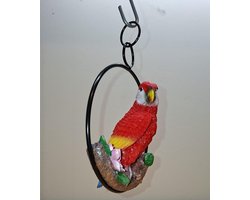 Papegaai op ring hanger beeld - 15cm ring diameter - rood - Kado - Cadeau - Decoratie - Woonaccessoires - Beeld