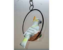 Papegaai op ring hanger beeld - 15cm ring diameter - wit- Kado - Cadeau - Decoratie - Woonaccessoires - Beeld