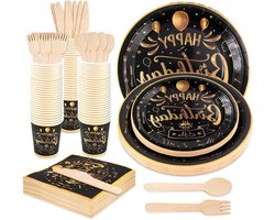 Papieren borden en bestek set, herbruikbaar servies zwart en goud, 200 stuks