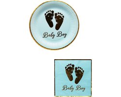 Papieren Bordjes 8 stuks + bijpassende Servetten 20 stuks - Blauw/Goud - Baby Jongetje decoratie - Babyshower/Gender reveal - Wegwerpbordjes+ servetten - ø18 cm - Wegwerp servies - Borden - feestartikelen.
